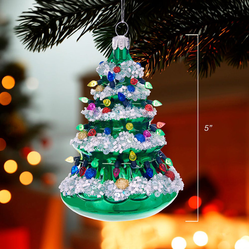 Traditional Green Glass Christmas Tree Ornament with Multicolor Lights