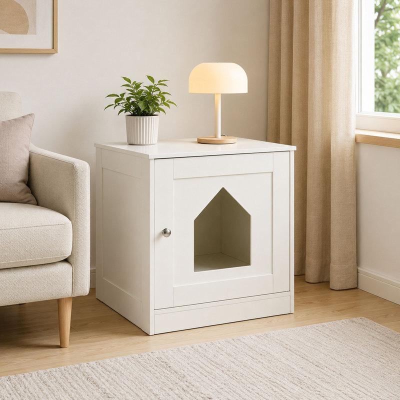 Table d'appoint, tiroir et tablettes White Cat, Blanc / Blanc