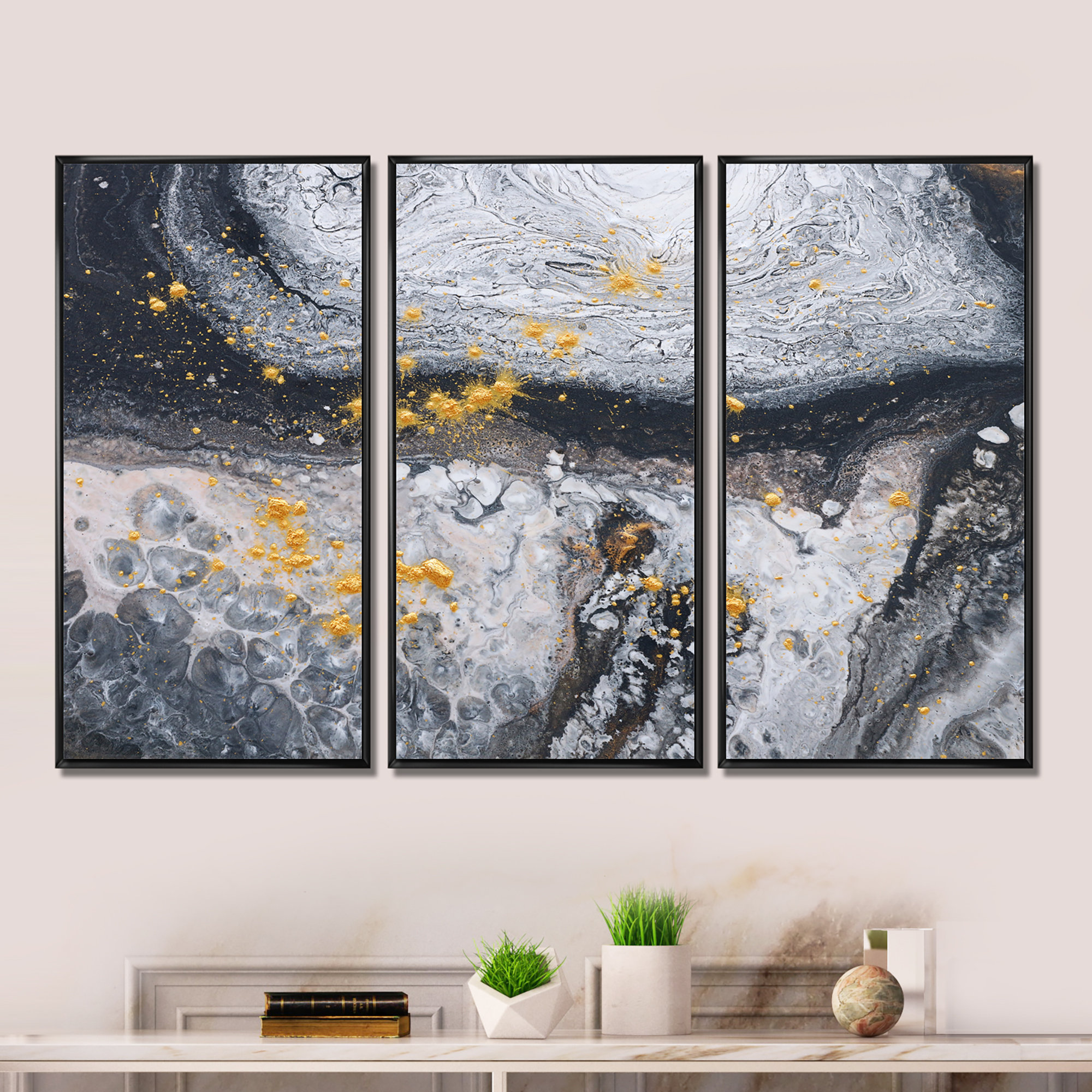 Mercer41 Black Gold And White Marble Art Waves Framed On Canvas 3 ...