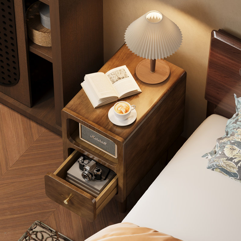 Narrow Bedside Table, Solid Wood Bedside Table With Drawers, Walnut Medieval Modern Bedside Table, Small Side Table With Open Storage Rack, Suitable For Bedrooms (12 Inches)