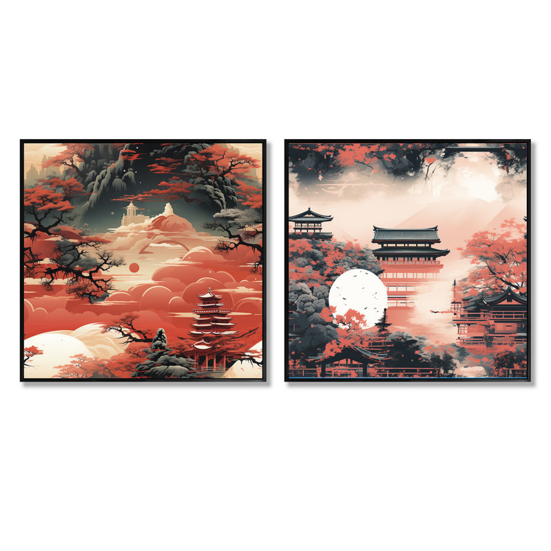Light Red Torii Gate Japanese Pattern - Abstract Landscapes Square Collage Set Of 2, Black Floater Framed, 16" H x 33" W