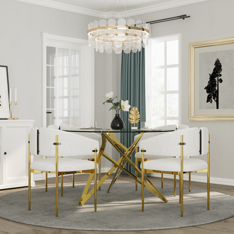 Chaises de salle à manger de luxe en velours avec accoudoirs et pieds en miroir, 4, Blanc, Doré