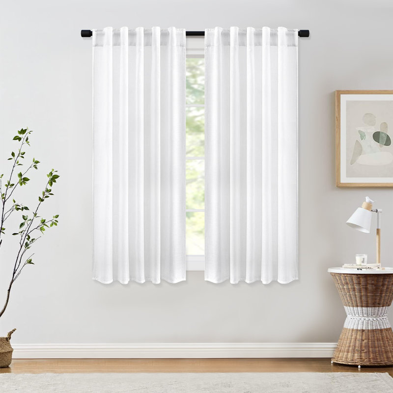Toyoko Linen Blend Semi-Sheer Back Tab Curtains, White, 38" W x 63" L