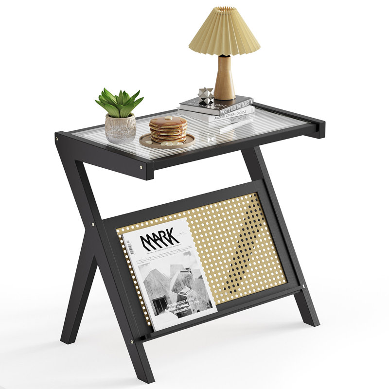 Rattan Side Table with Bamboo Frame and Tempered Glass Top, Accent Bedside Table with Open Shelf, Black