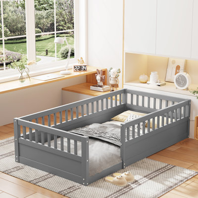 Floor Bed Frame with Fence Wood Kids Floor Beds Frame for Bedroom