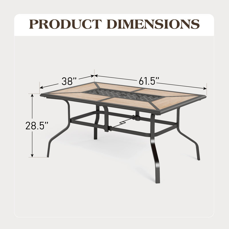 Rectangular Metal Outdoor Dining Table With Umbrella Hole , 152.4cm cm W 96.5cm cm D