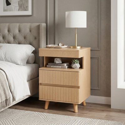 2-Drawer Nightstand with Charging Station and Gun Drawer, Modern Bedside Table with Open Shelf for Bedroom