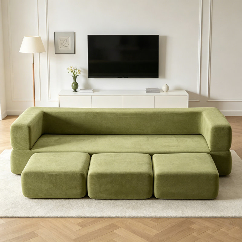 Canapé modulaire vert 79,14 po avec 3 repose-pieds détachables, canapé-lit en chenille convertible, canapé sans accoudoirs multi-combinaisons pour la chambre du salon