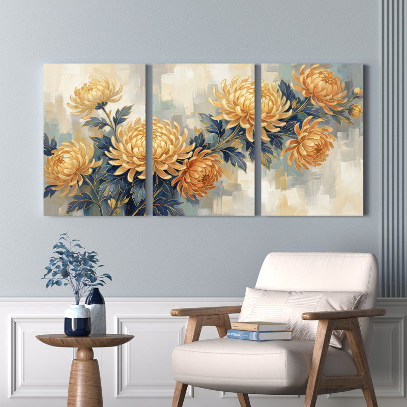 Ensemble de 3 tableaux muraux sur toile tendue, motif chrysanthèmes, pour la décoration du salon et de la chambre.