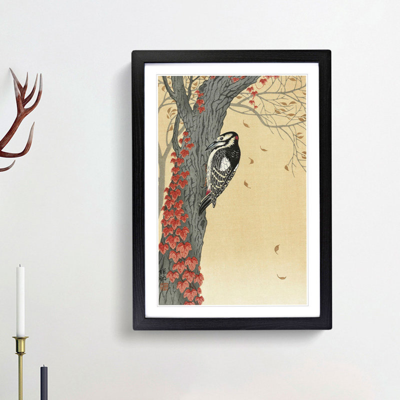 Great Spotted Woodpecker by Ohara Koson - Framed Print, 87cm H x 62cm W x 2cm D, Black Framed