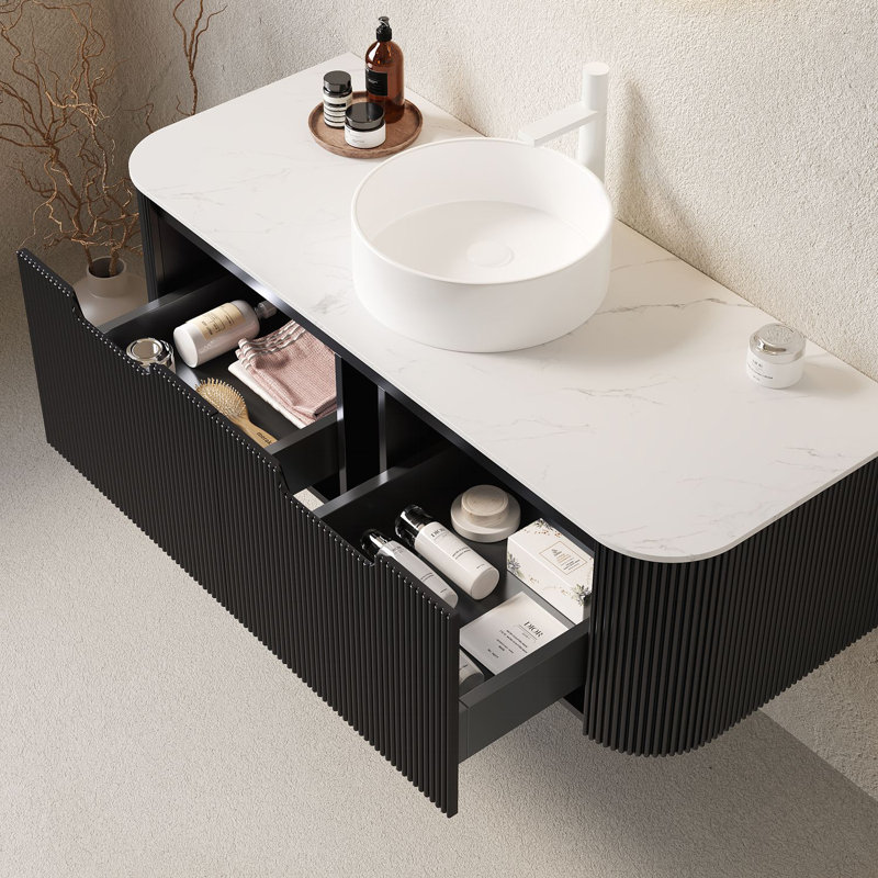 Meuble-lavabo de salle de bain 48 po avec lavabo, lavabo à fixation murale à bords arrondis flottant avec 2 tiroirs, lavabo en céramique rond blanc, sans robinet, pré-assemblé, noir