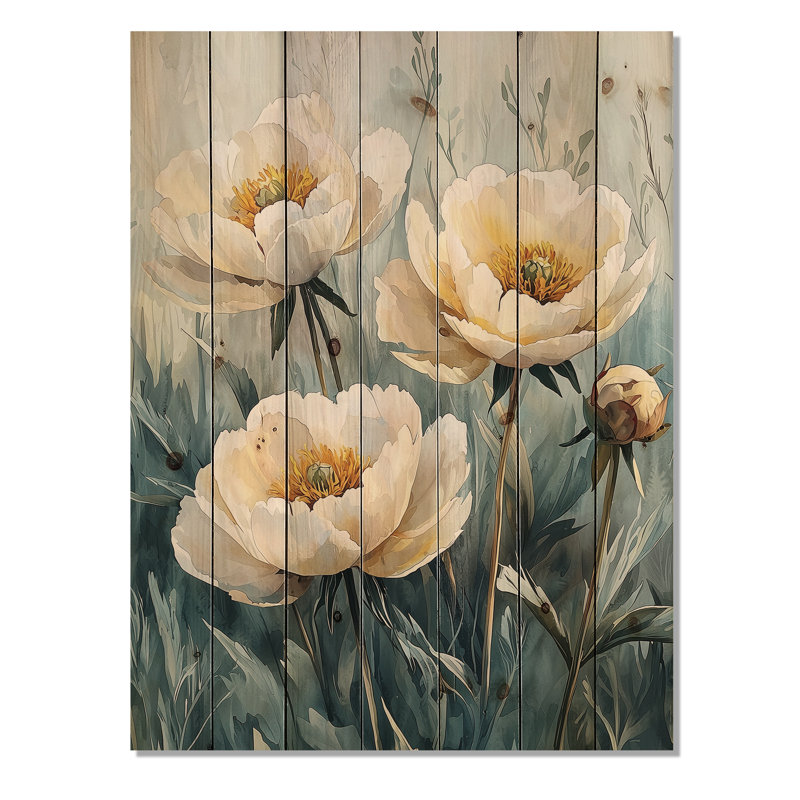 Winter Peonies In The Frosty Meadow II - Peonies Wood Wall Art - On Natural Pine Wood, 44" H x 34" W x 0.78" D