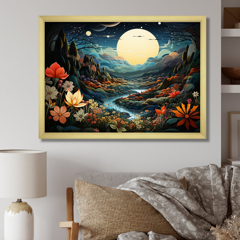 «Yellow Enchanted Meadows Fantasy III - Art abstrait paysage mural», Cadre doré à coins fermés, H 30 po x l 40 po x P 1,5 po