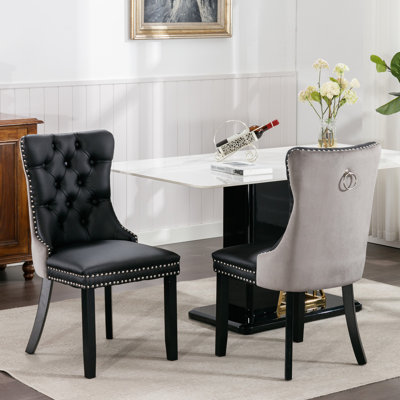 High Dining Chair Pair, Black+Gray Pu Leather And Velvet, Solid Wood Legs With Trim Decoration, Sw2101bg Modern 2 , Ornamentation, High,