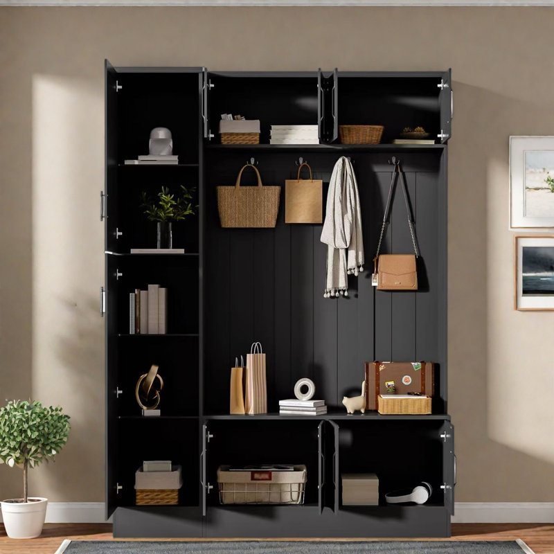 4-in-1 Tall Modern Hall Tree With Shoe Storage,  Cabinets, Coat Hooks, Metal Handles And Adjustable Shelves, Black
