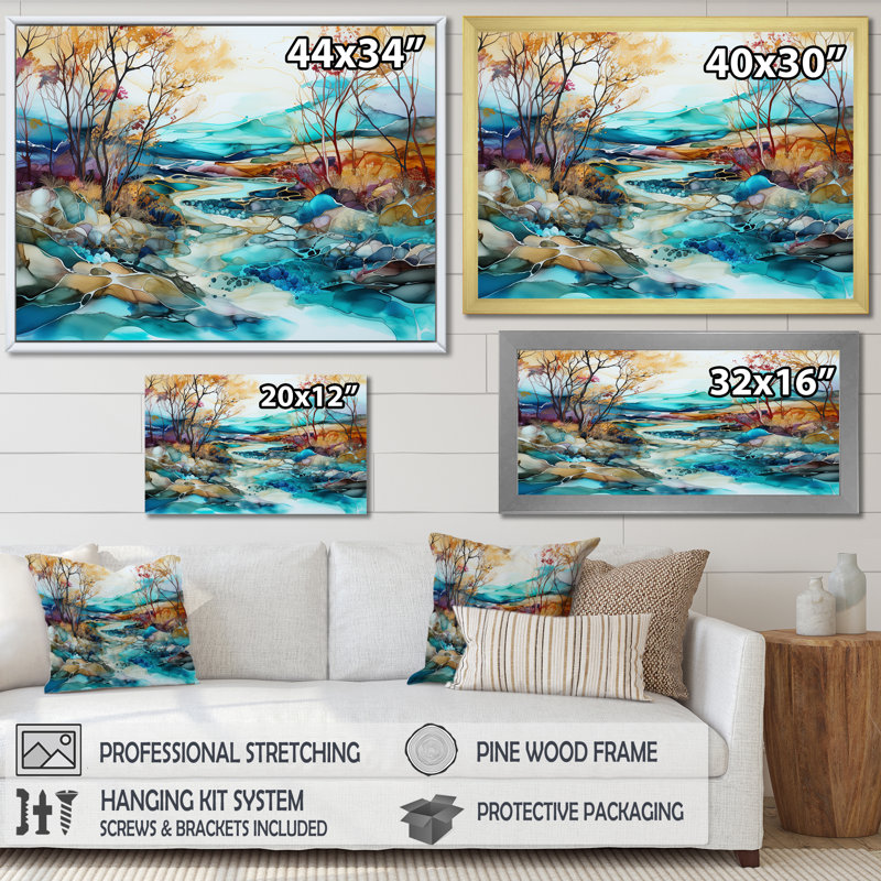 "Turquoise and Brown", impression sur toile encadrée, Cadre doré simple, H 16 po x l 32 po x P 1 po