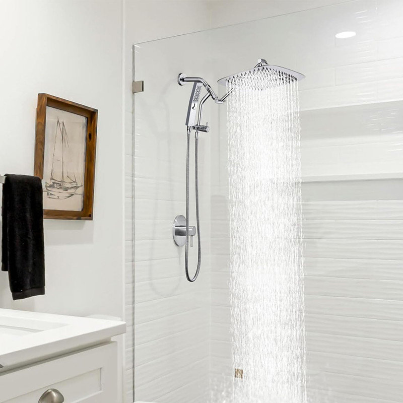 All Metal 14 Inch Shower Head with Massage Mode Handheld, Rain Shower Head with Handheld Spray Combo, Silver