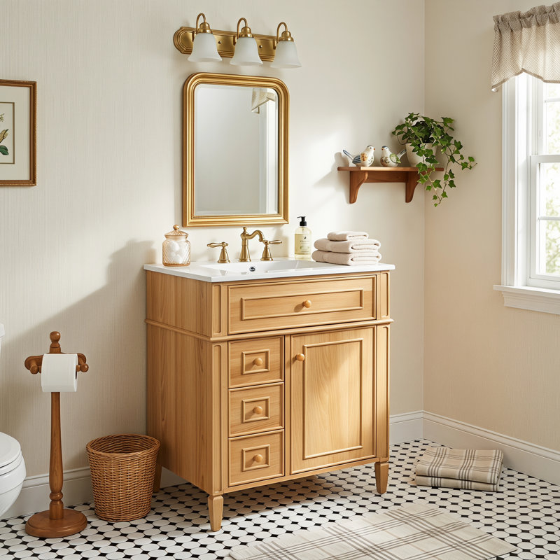 Meuble-lavabo 24 po avec lavabo, meuble-lavabo en bois avec tiroir rabattable, 2 tiroirs à fermeture en douceur, 1 porte à fermeture en douceur, bois massif et panneau de fibres à densité moyenne, poignées en bois élégantes
