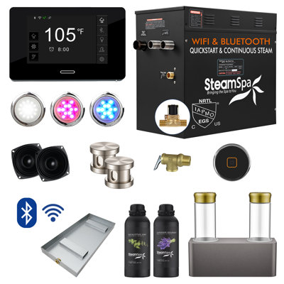 Ensemble de générateur de bain de vapeur à démarrage rapide 10,5Kw Black and Wifi et Bluetooth avec pompe à arôme double en noir mat