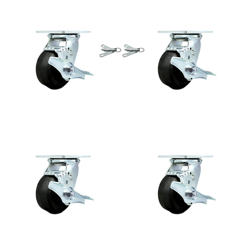 Ensemble de roulettes 4 pièces en caoutchouc sur aluminium avec roulement à rouleaux 4 freins et 2 verrous pivotants