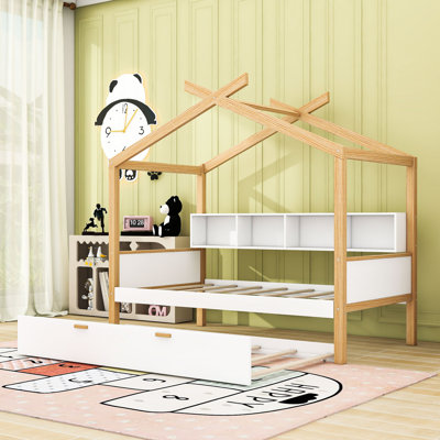 Lit simple en bois avec lit gigogne et bibliothèque