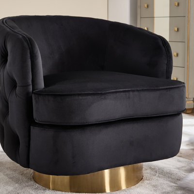 Luxury Velvet Barrel Accent Chair - 360° Swivel Round Base With Gold Finish -Tufted Back & Armrests - Oversized Statement Chair For Living Room, Lounge