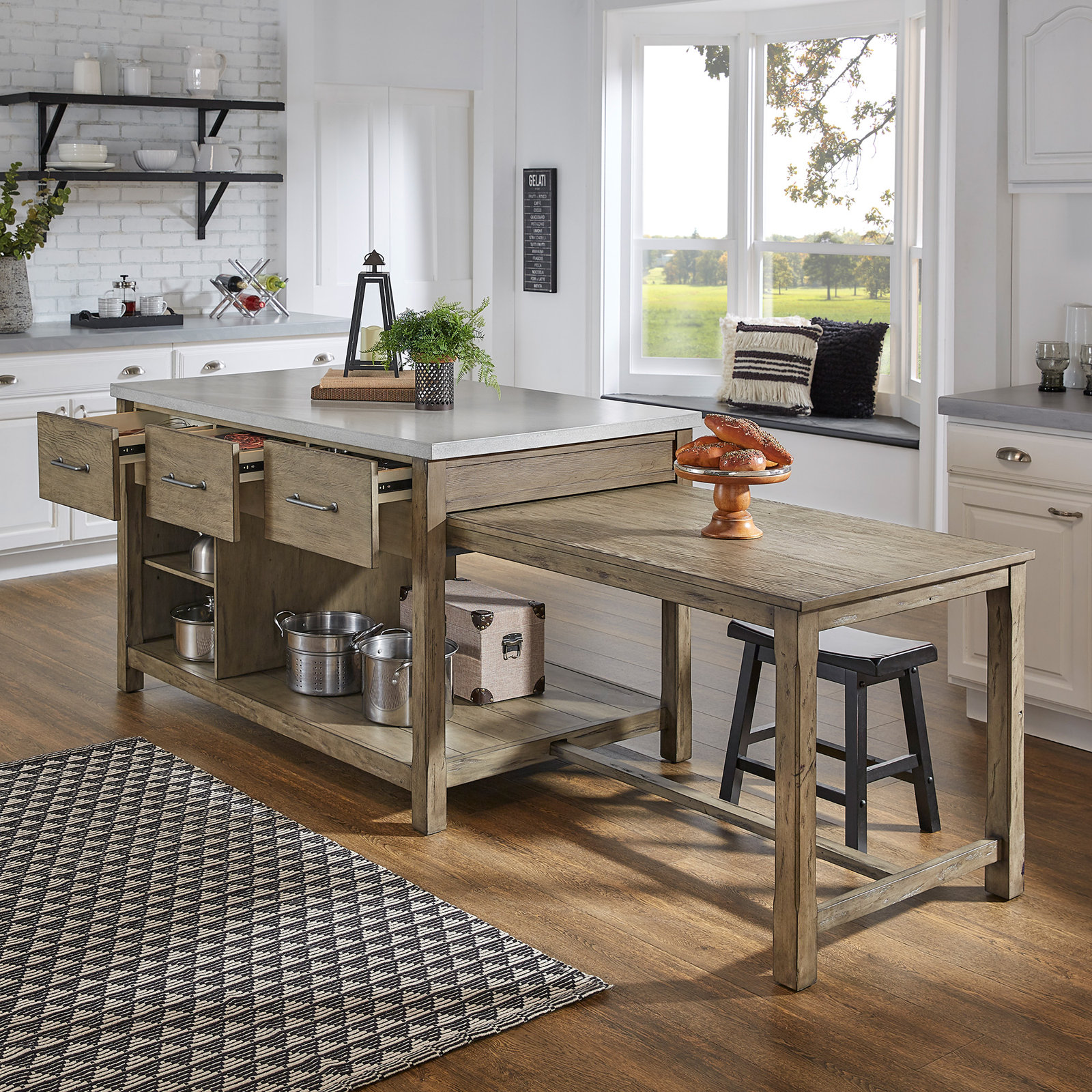 Tinka 3-Drawer Rectangle Pine Kitchen Island , Concrete Veneer, Gray