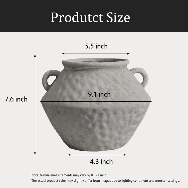 Vase en céramique rustique avec 2 poignées, Blanc / Gris