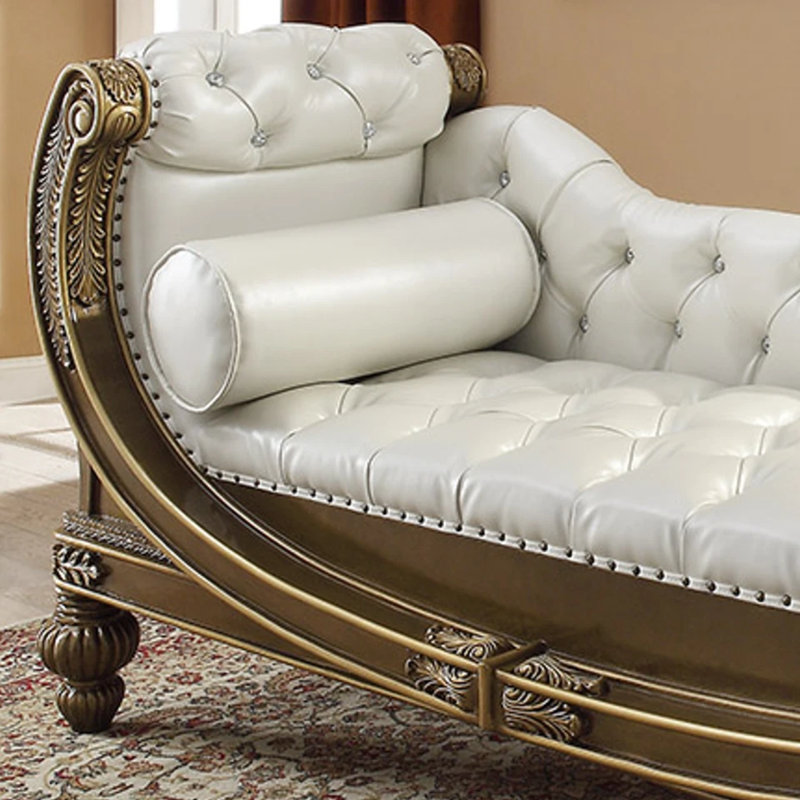 Bronze Carved Wood Pearl Leather Tufted Bedroom Bench Gold Accent Scrolled Apron