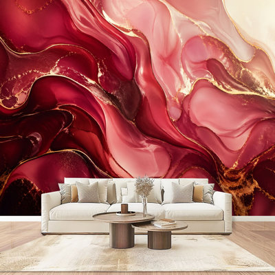 Peel and Stick Wallpaper Wall Mural Abstract Burgundy Gold Fluid Art Swirling Patterns Metallic Accents Wall Art Self Adhesive and Removable