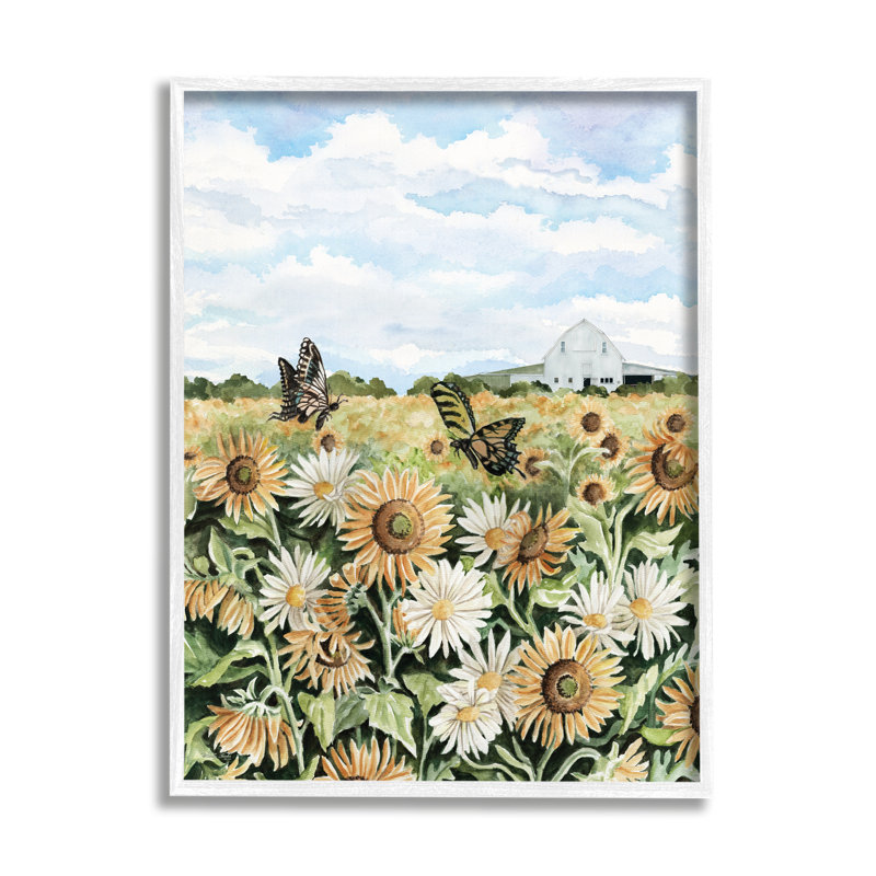 Sunflower Garden with Butterflies Canvas Print in White Frame