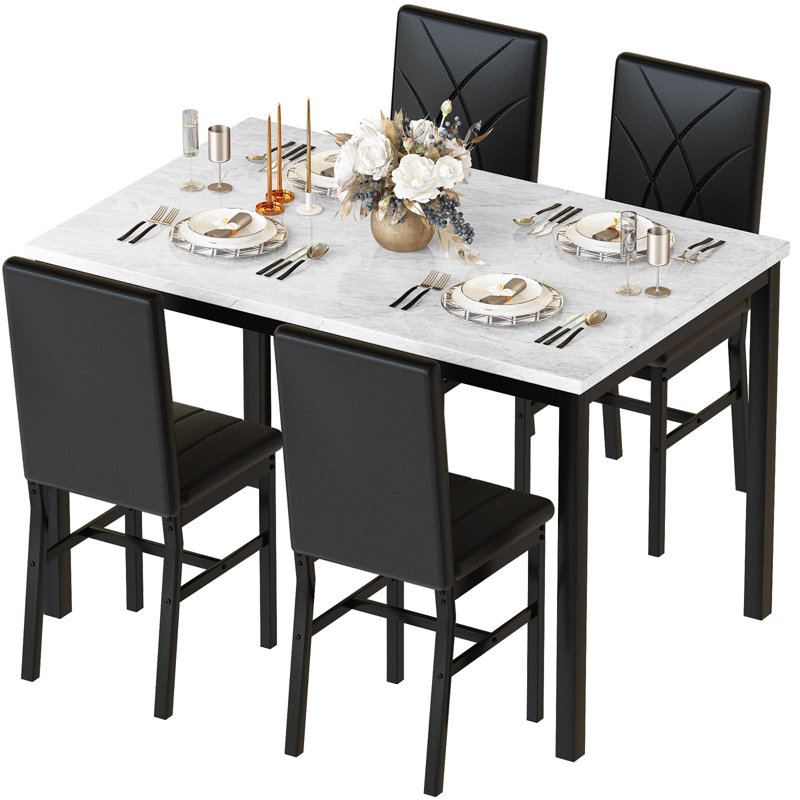Elegant 5-Piece Faux Marble Dining Table Set, Black