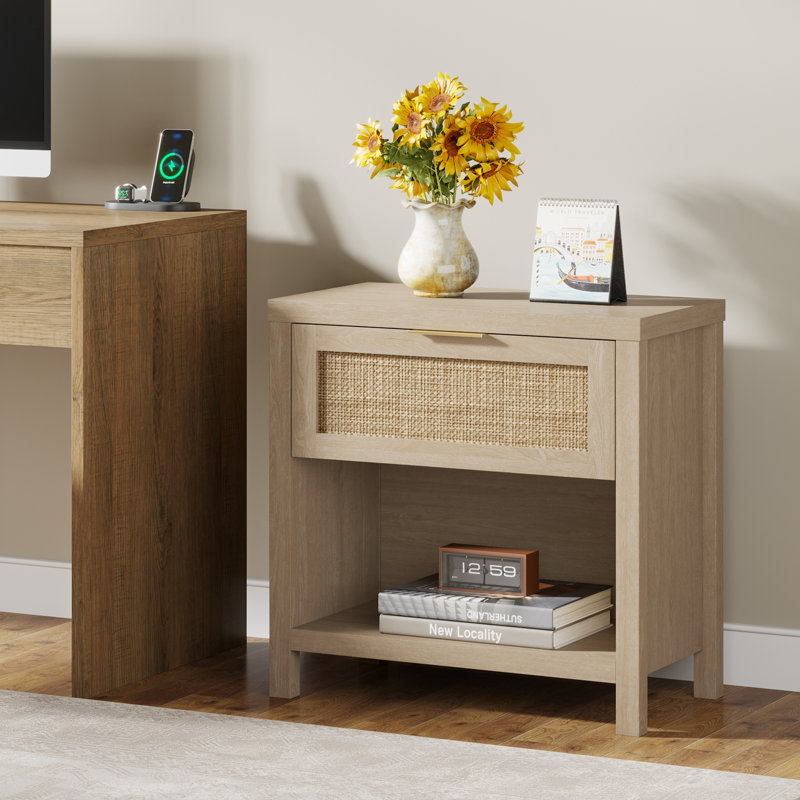 Rattan Night Stands, Boho Bedside Table With Drawer And Storage Shelf, Set of 2, Original Oak