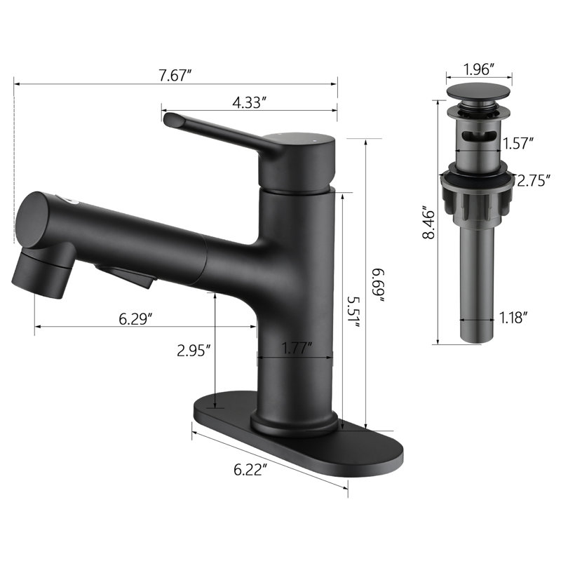 Robinet de lavabo de salle de bain avec drain escamotable et bonde escamotable, noir mat, design noir élégant, Noir mat