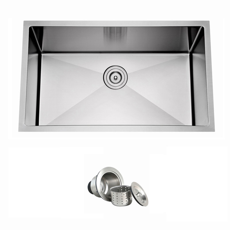 Évier de cuisine Blenzia à cuve unique, encastré sous plan, en acier inoxydable de calibre 16, fabriqué à la main, avec crépine, 68,6 cm x 45,7 cm x 22,9 cm