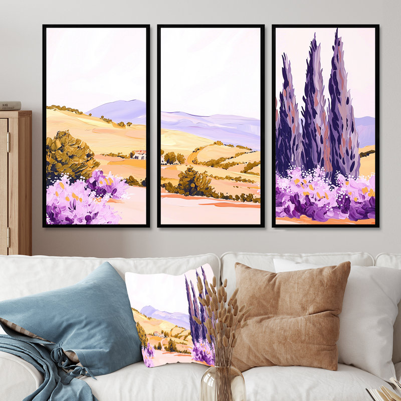 «Lavender Fields In France III», ensemble de reproductions d'art mural lavande, Noir, Reproduction avec cadre flottant