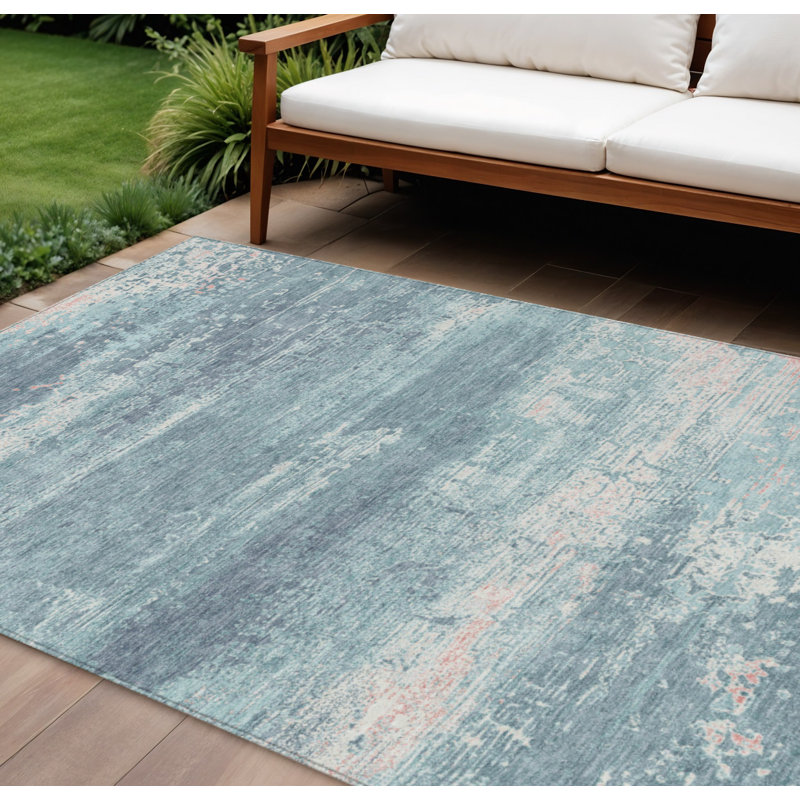 Tapis extérieur bleu sarcelle et ivoire lavable abstrait 9 pi x 12 pi bleu sarcelle et ivoire