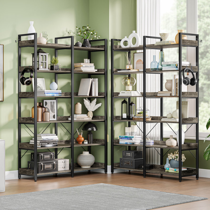 Bookshelf 6 Tier with 4 Hooks and fence, etagere bookcase with Open Shelves, Black/Grey