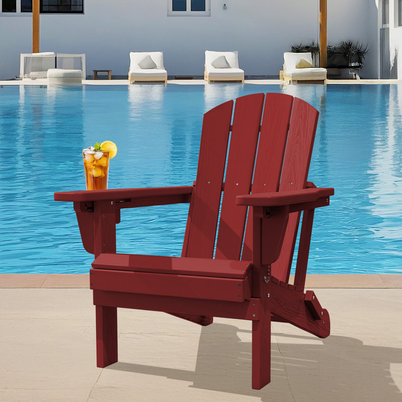 HDPE Outdoor Foldable Adjustable Back Adirondack Chair with Cup Holder, Dark Red