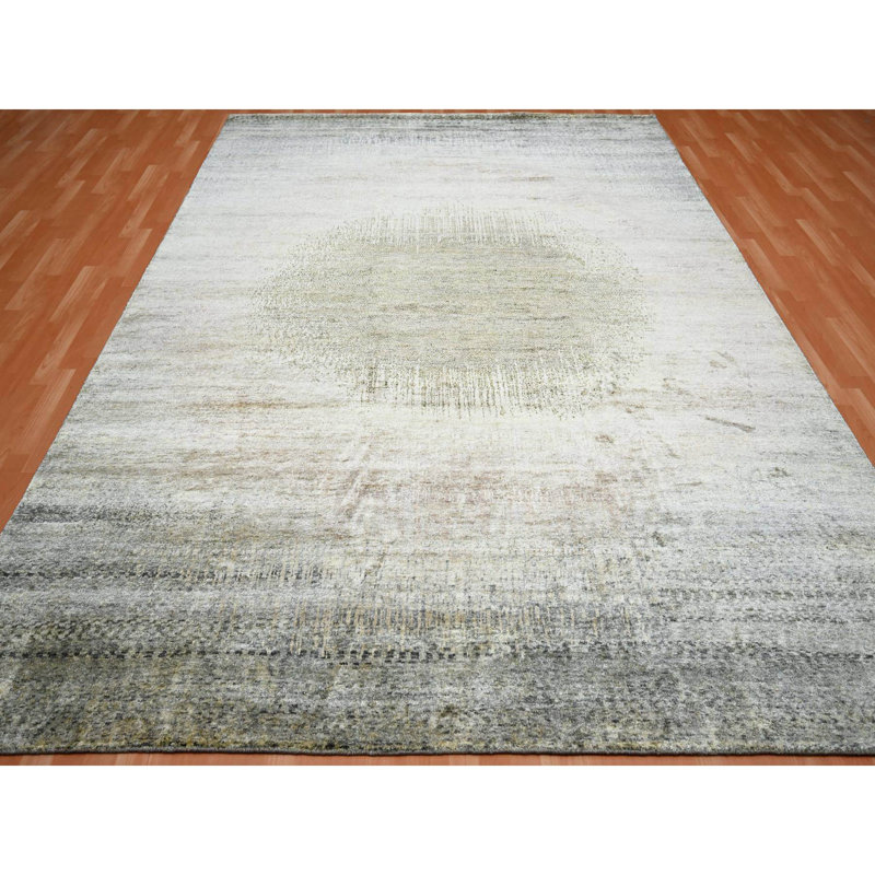 Tapis brun clair noué à la main de 9 pi x 12 pi 5 po brun clair et gris 100% soie soyeuse, L'ŒIL
