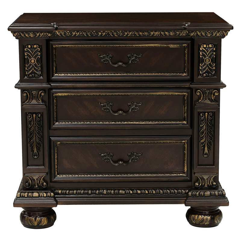 Table de chevet 3 en cerisier foncé et or pour chambre à coucher de style européen avec accessoires à 3 tiroirs