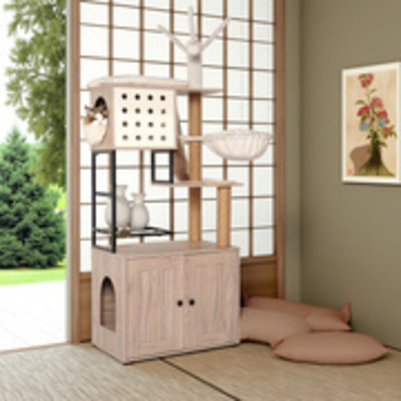Boîte à litière multi-fonctionnelle pour chat, boîte à litière cachée, poteaux à griffer, hamac, décoration intérieure élégante