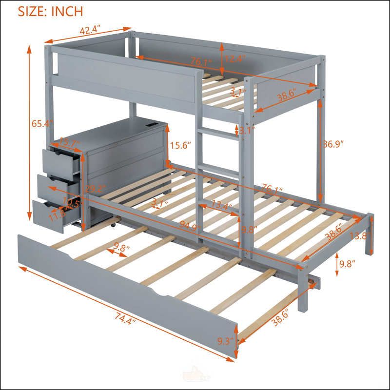 Lit superposé simple au-dessus d'un lit simple avec lit gigogne, rangement et bureau, pour une utilisation peu encombrante et multifonctionnelle dans les petites pièces