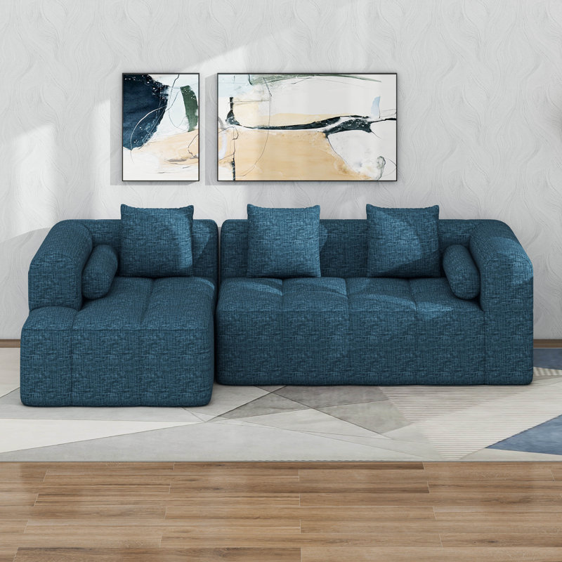 Canapé modulaire moderne entièrement compressé avec assise profonde et deux poches latérales, Bleu