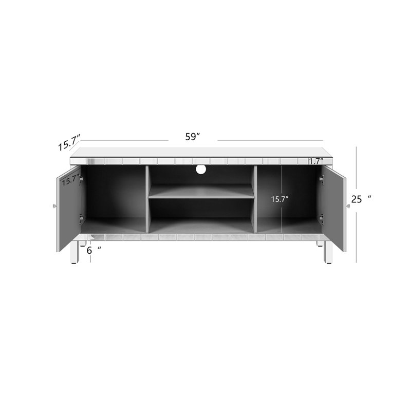 Meuble télé en miroir pour téléviseur de 65 pouces et plus, console de télévision avec rangement ouvert et 2 armoires de rangement, portes miroir en forme de diamant pour le salon (l 59 po x H 25,2 po x P 15,7 po)
