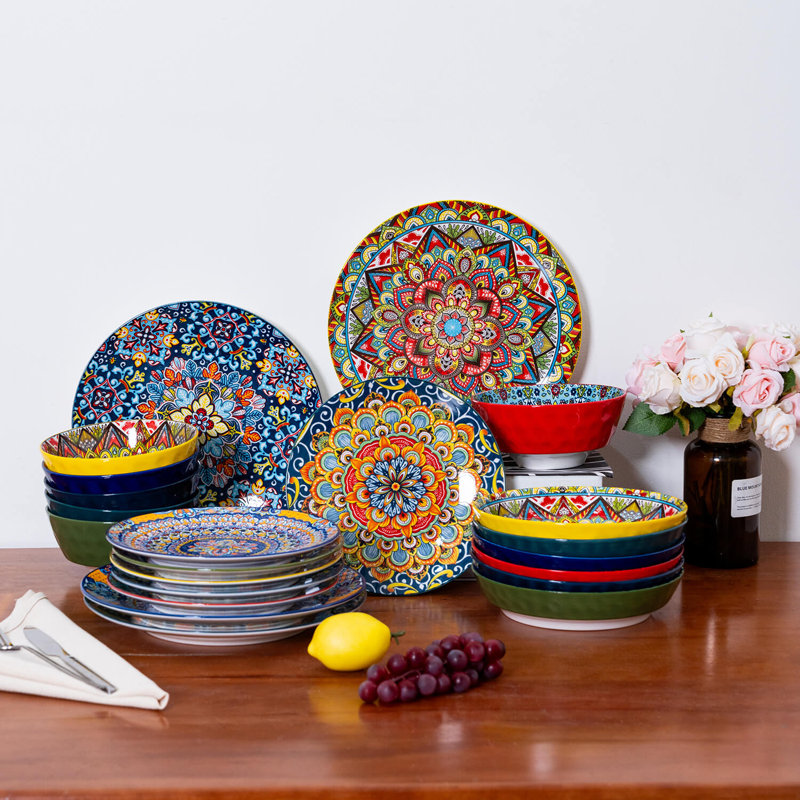 Service de vaisselle 24 pièces, assiettes et bols Boho Style