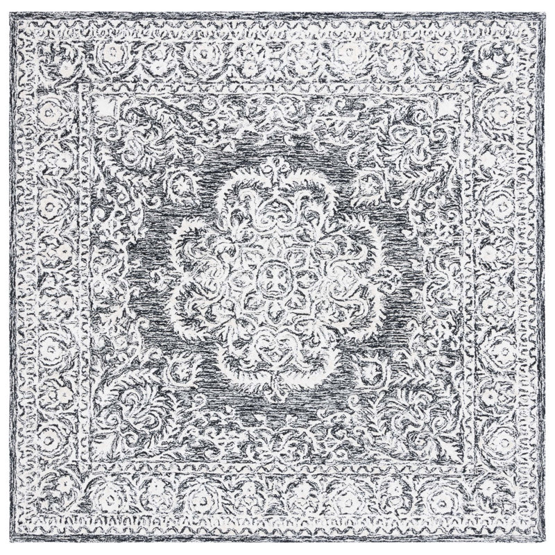 Handmade Black and Ivory Wool Tufted Square Rug