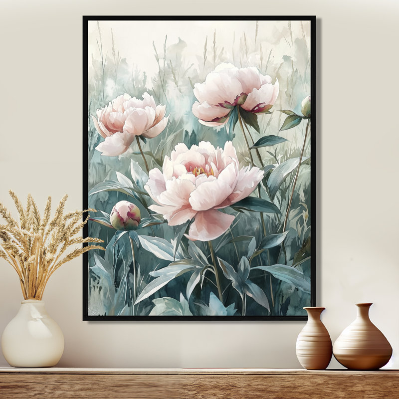 Countryside Peonies In The Pastoral Field I - Peonies Canvas Prints, Black, Framed Print without Mat, 20" H x 12" W