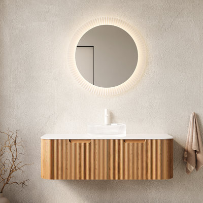 Meuble-lavabo 48 po avec lavabo rond transparent, armoire en bois naturel rayé 3D, 2 tiroirs, facile à installer