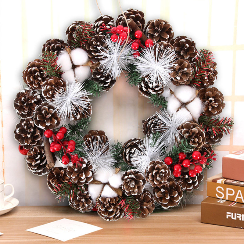 Décoration de Noël de Noël, pomme de pin, guirlande, centre commercial, décorations de cercles en rotin